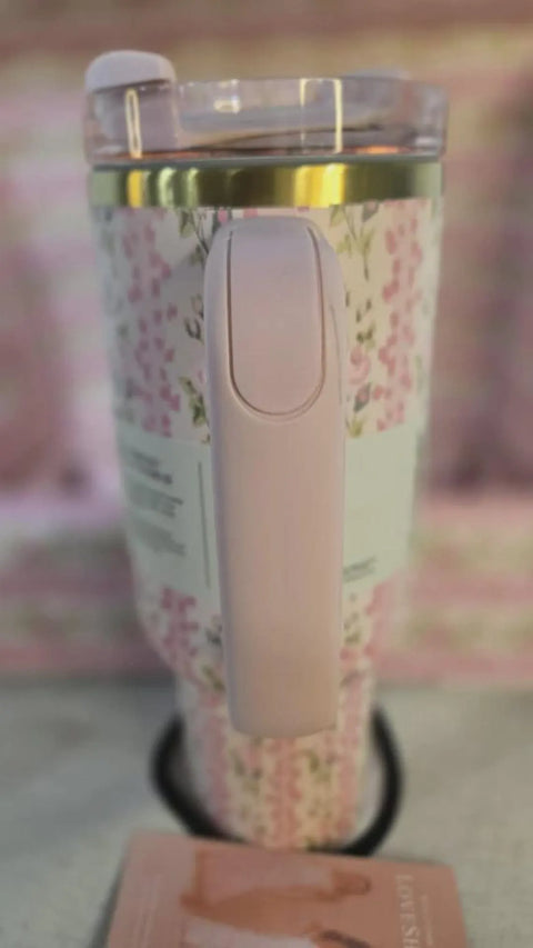 Insulated Stainless Steel Tumbler Cup – Floral Pink Design, 40 oz